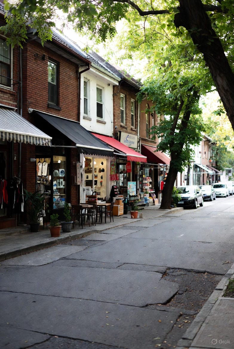 En solbeskinnet, rolig gade med brosten og fortov. På venstre side ligger små butikker og caféer med farverige markiser, udendørs borde og krukker med grønne planter. Store træer skaber skygge over gaden, hvor der holder parkerede biler langs kantstenen. Stemningen er hyggelig og indbydende en stille eftermiddag.