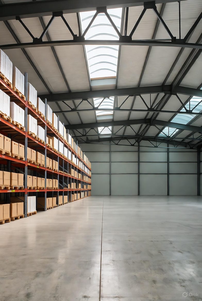 Et rummeligt, moderne lagerinteriør med højt til loftet og ovenlysvinduer, understøttet af en stålkonstruktion. Væggene er malet med en gul nederste sektion og en hvid øverste sektion, og det rene betongulv er tomt.